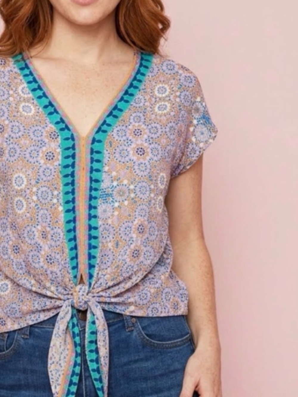 Tolani Women's Small Silk Printed Blouse with Front Tie - S